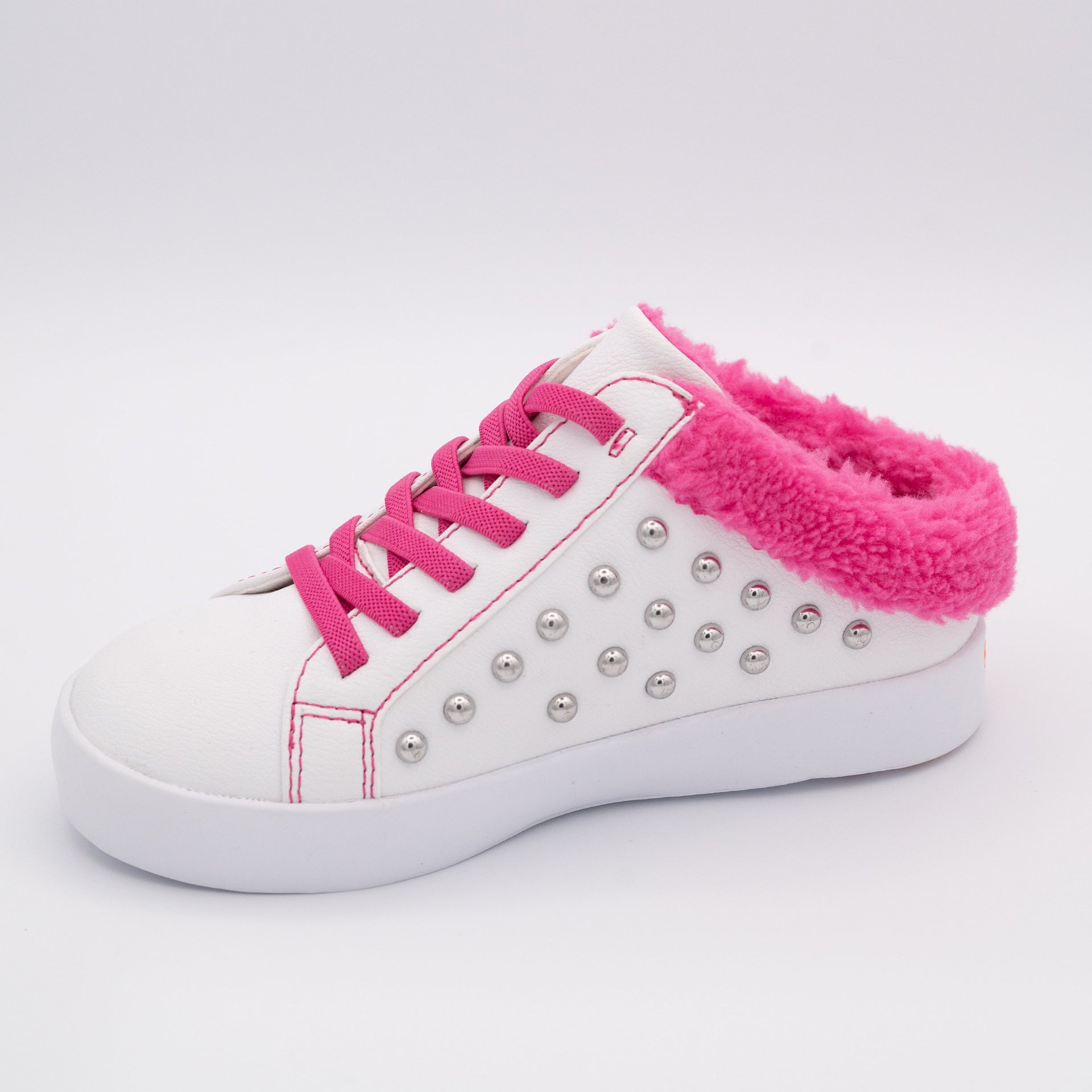 White Studded Slip On Sneaker with Hot Pink Fleece Trim - Image 9