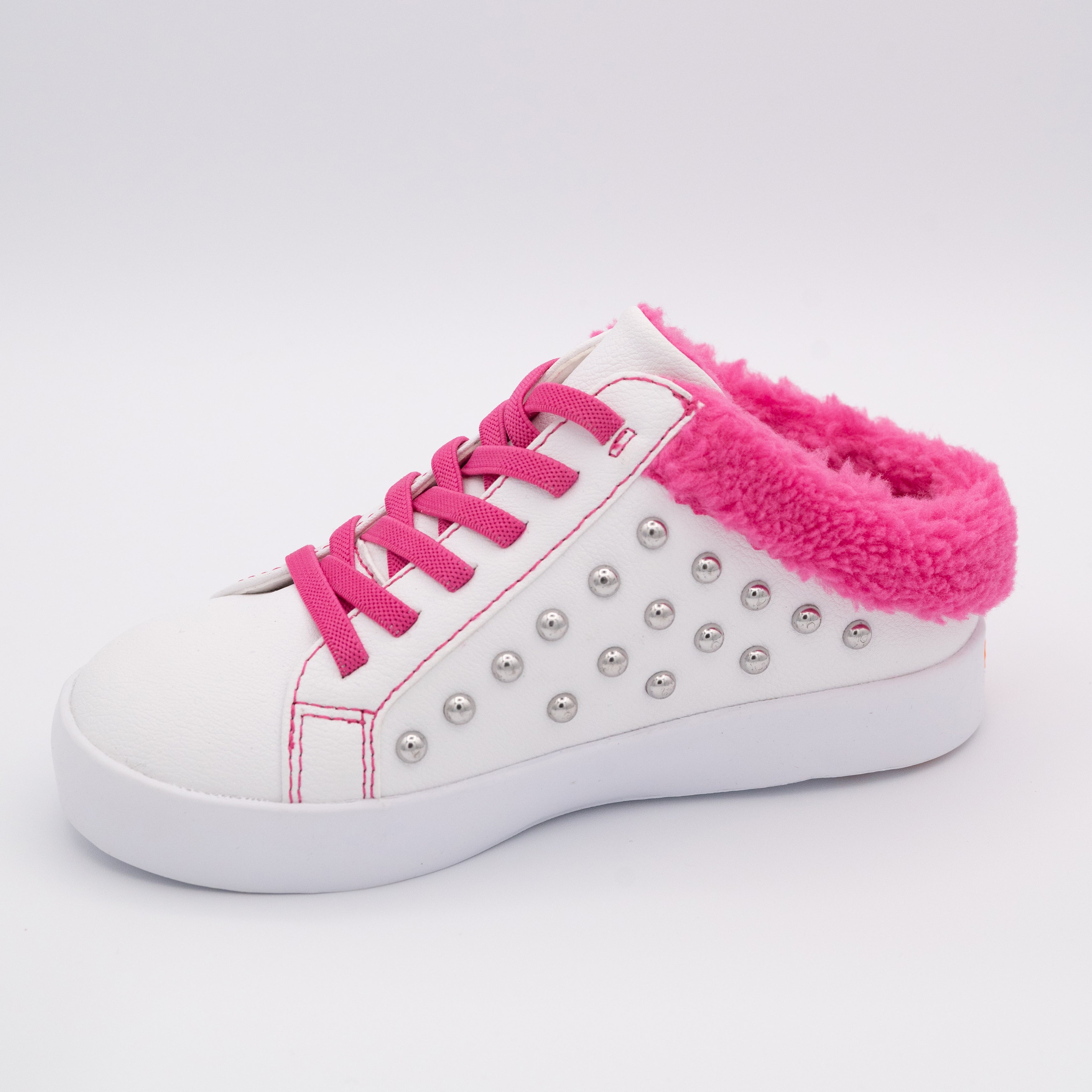 White Studded Slip On Sneaker with Hot Pink Fleece Trim - Image 9