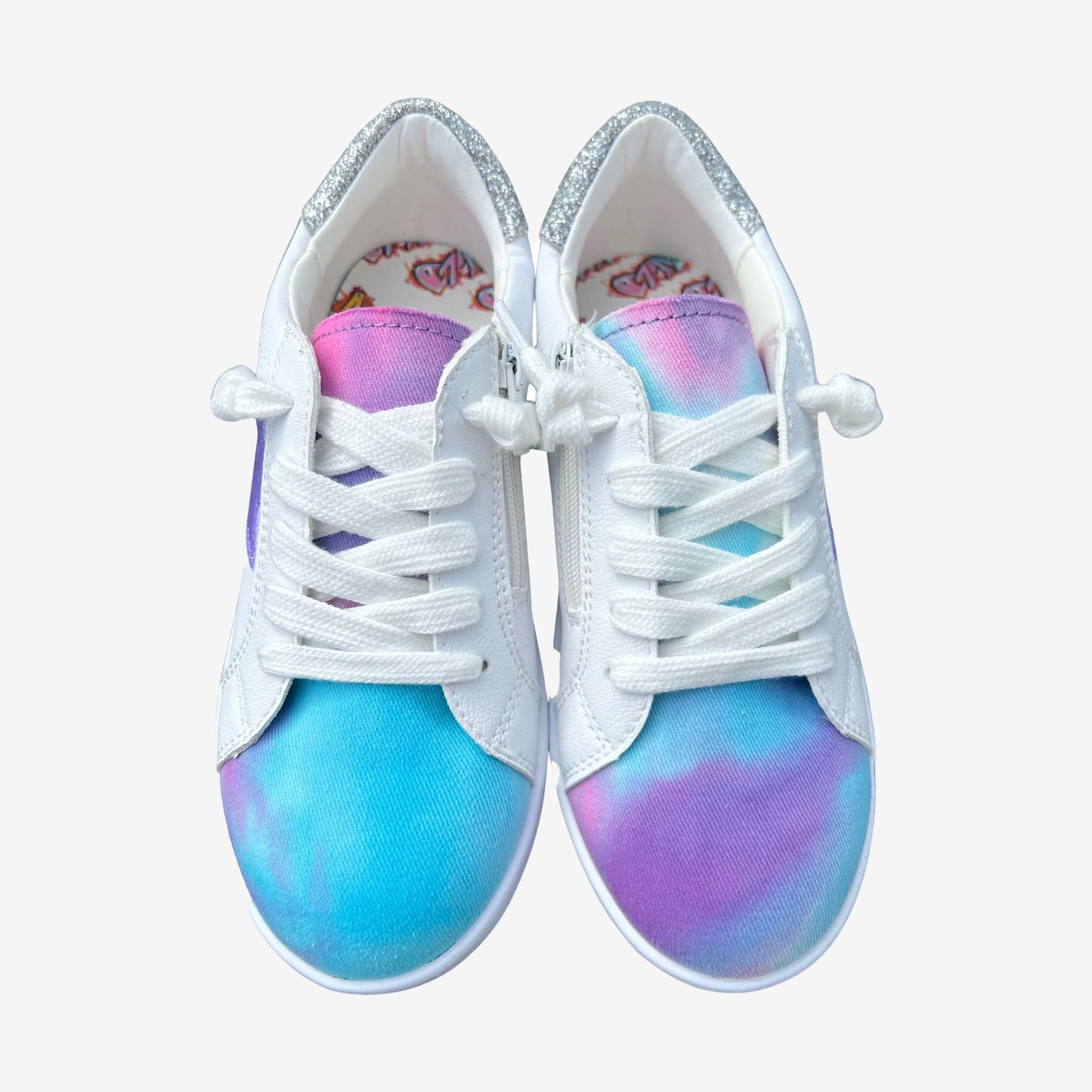 White PU Leather Tie Dye Sneakers with Purple Glitter Star - Image 2