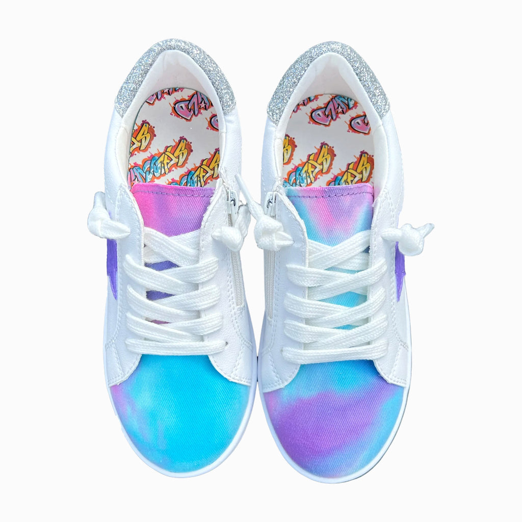 White PU Leather Tie Dye Sneakers with Purple Glitter Star - Image 3
