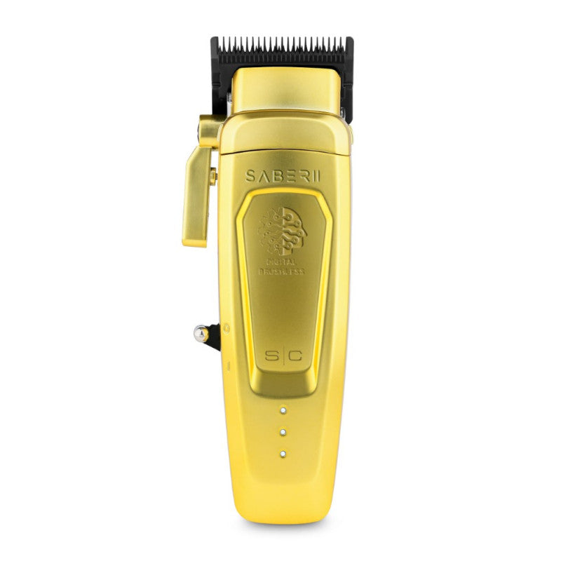 Close-up of the gold Stylecraft Saber 2.0 professional cordless hair clipper with metal housing.