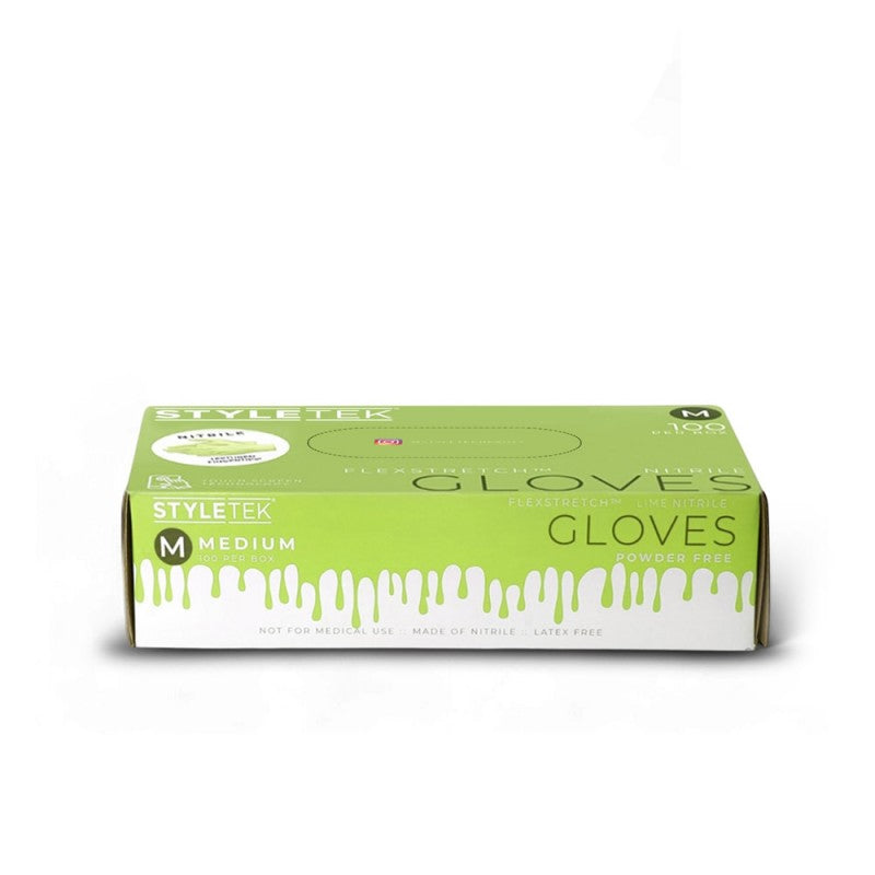 Close-up of StyleTek lime green matte powder-free nitrile gloves with textured fingertips for professional use.