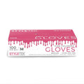 A box of pink powder-free vinyl salon gloves for professional styling.