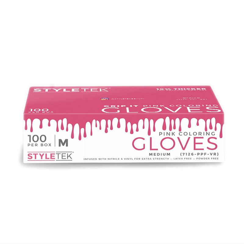 A box of pink powder-free vinyl salon gloves for professional styling.