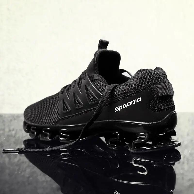 A pair of sleek black men's casual mesh sneakers with a durable rubber sole.