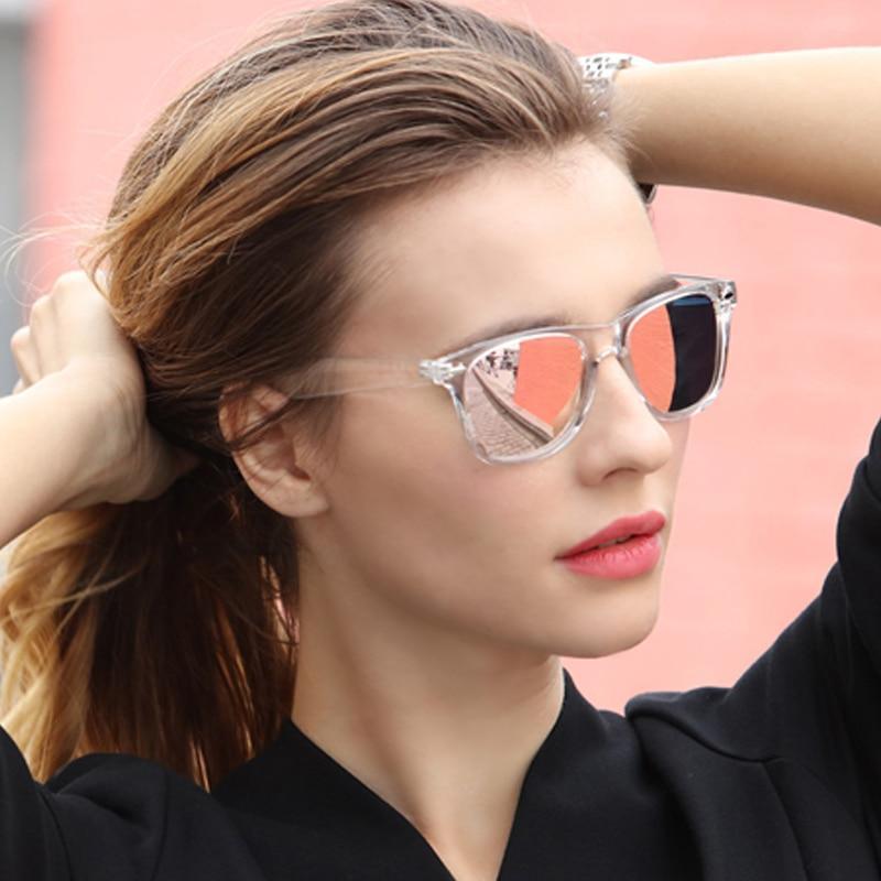 Modern polarized sunglasses with transparent frames and reflective mirror lenses