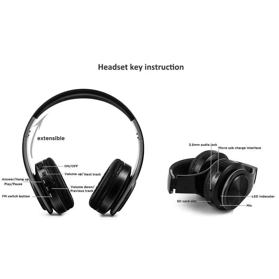 Foldable Wireless Bluetooth Stereo Headphones with FM & SD Slot