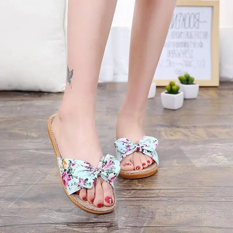 Bohemian floral print women's flax slippers for summer in blue, black, pink, and beige