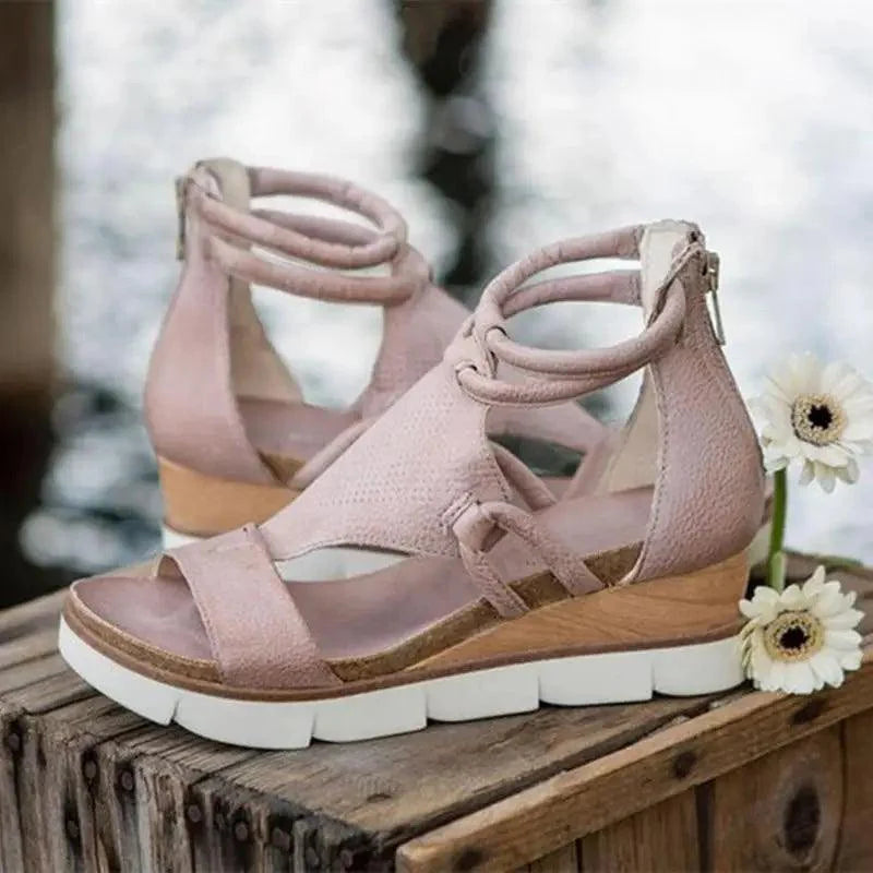 Elegant leather zipper sandals in olive green for women