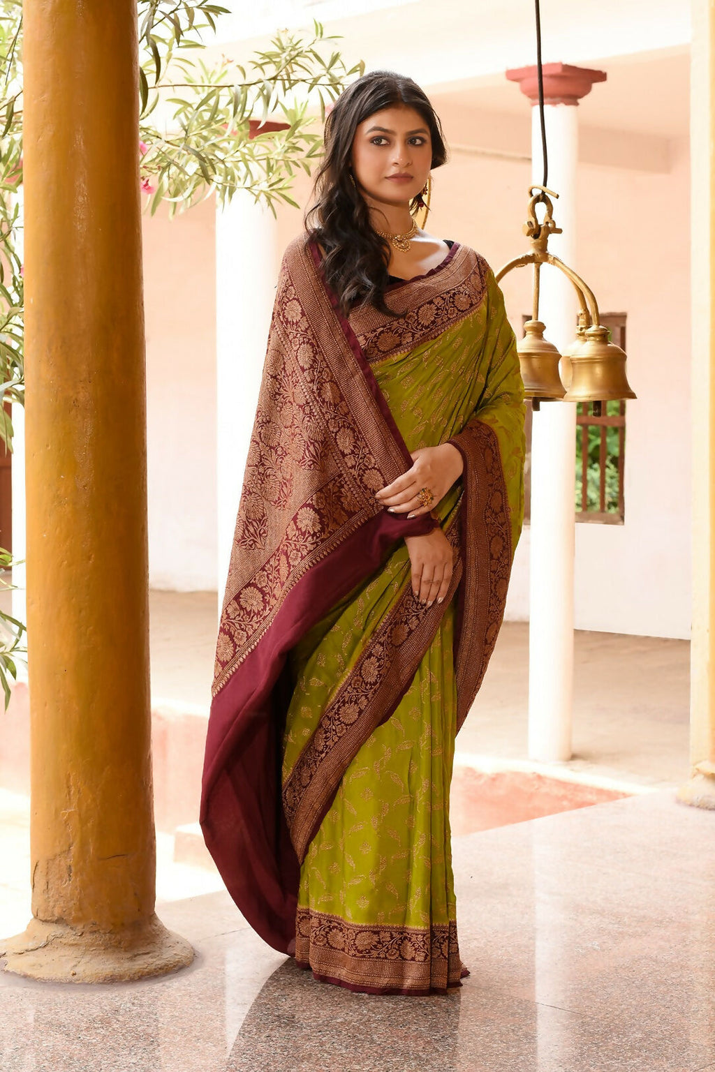 Grass Green Crepe Chiffon Banarasi Silk Saree