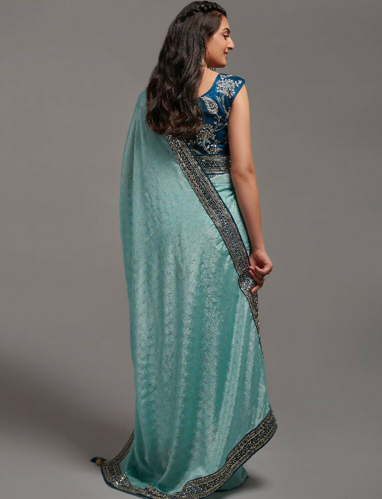 Sky Chinon Saree with Embroidery Lace and Matching Blouse