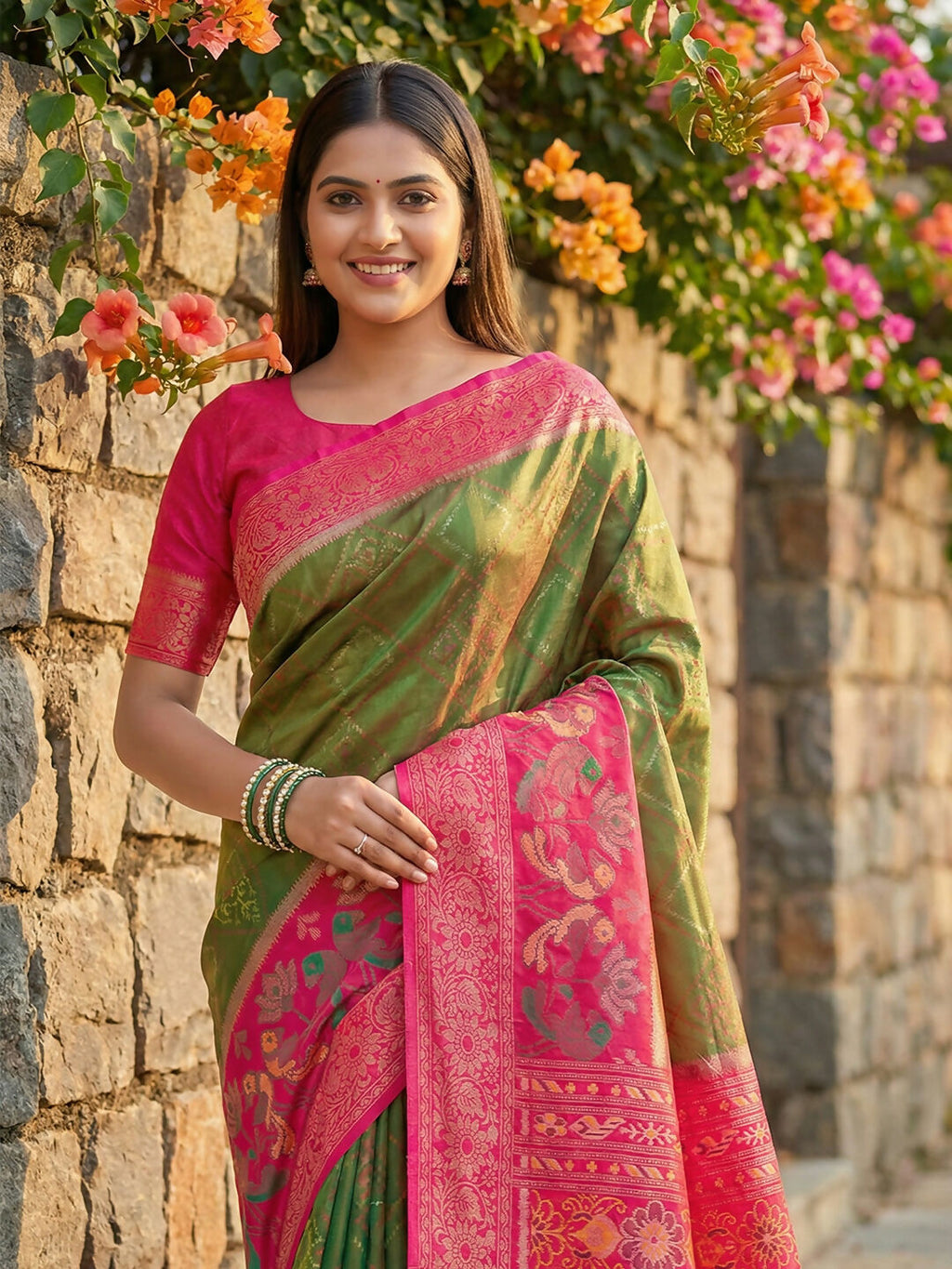 Mehndi Pochampally Silk Saree with Matching Blouse Piece