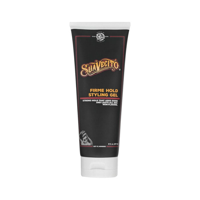 Suavecito Firme Hold Styling Gel 8oz tube in black and white packaging with gold and red accents.
