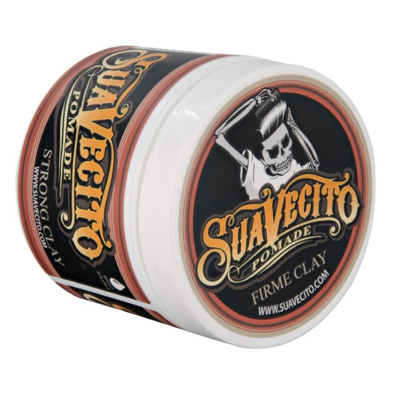 A jar of Suavecito Firm Clay Pomade for hair styling on a clean background