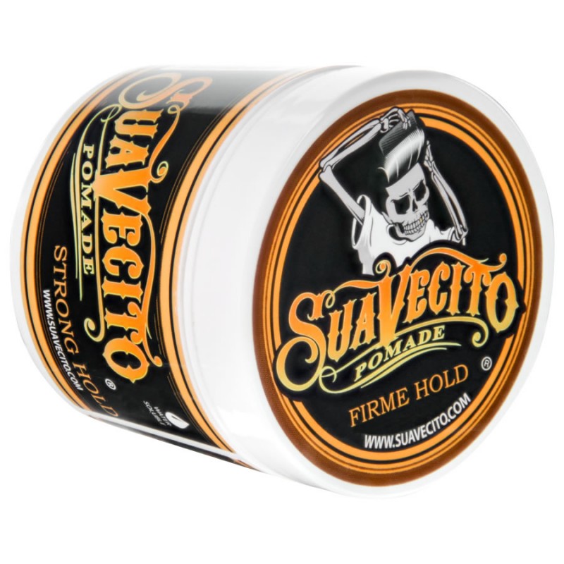 Suavecito Firme Hold Pomade 4oz jar with vintage skeleton logo and black, orange, and white packaging.