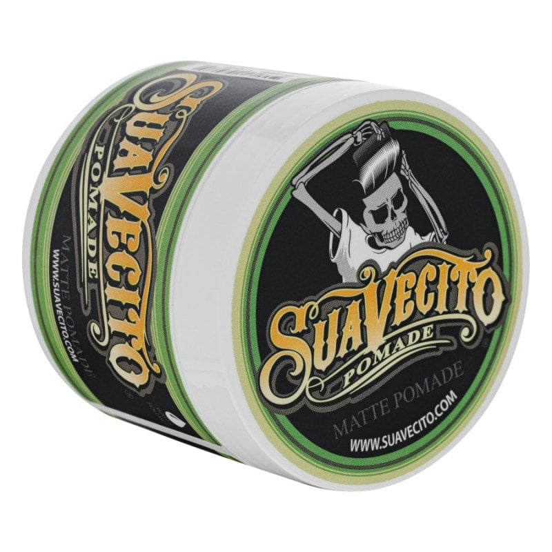 Suavecito Matte Pomade 4oz container featuring green, black, and white design elements.