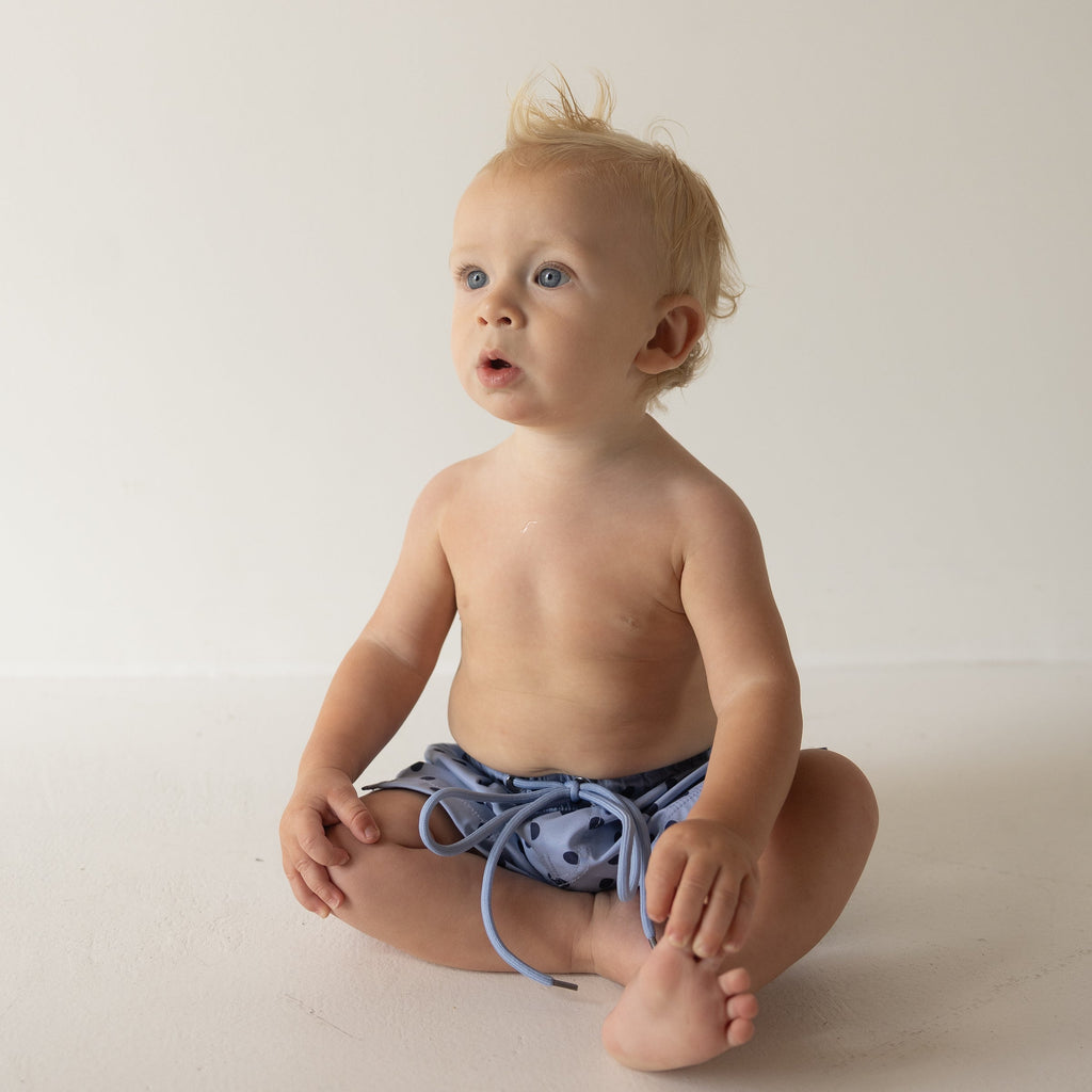 Kids Board Shorts in Sully Blue Polka Dot Print