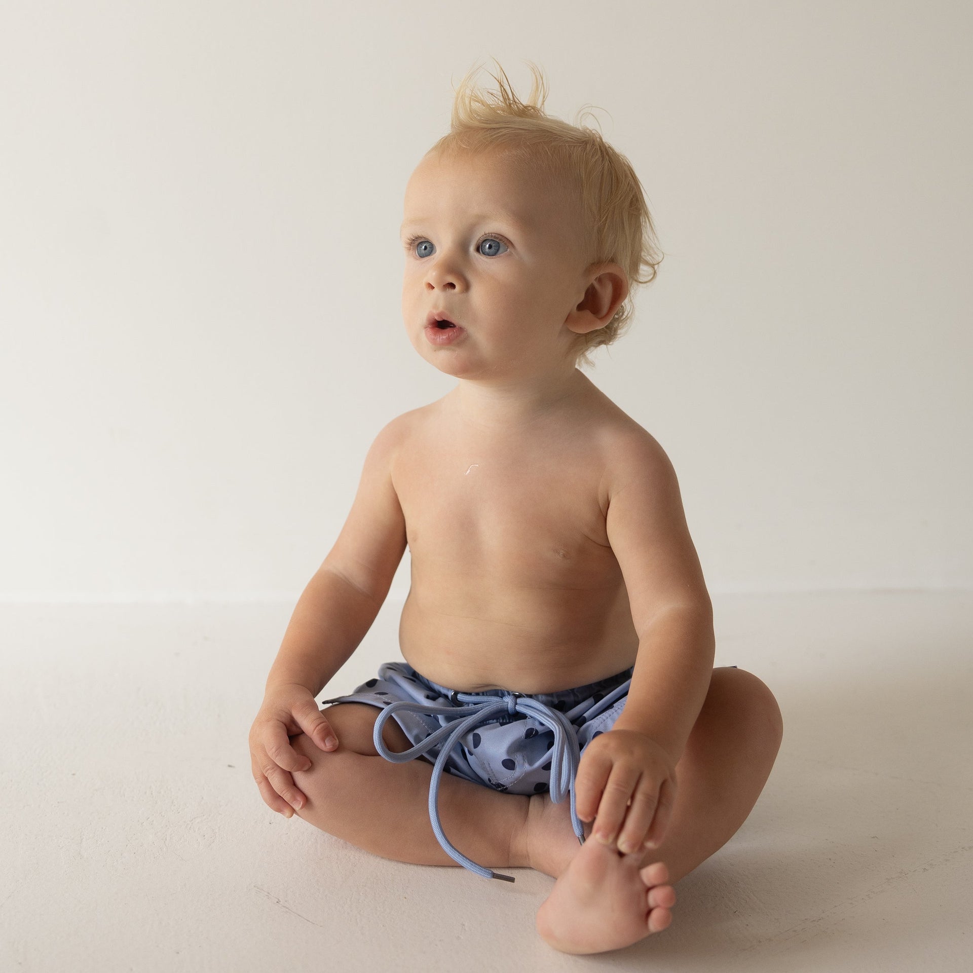 Kids Board Shorts in Sully Blue Polka Dot Print