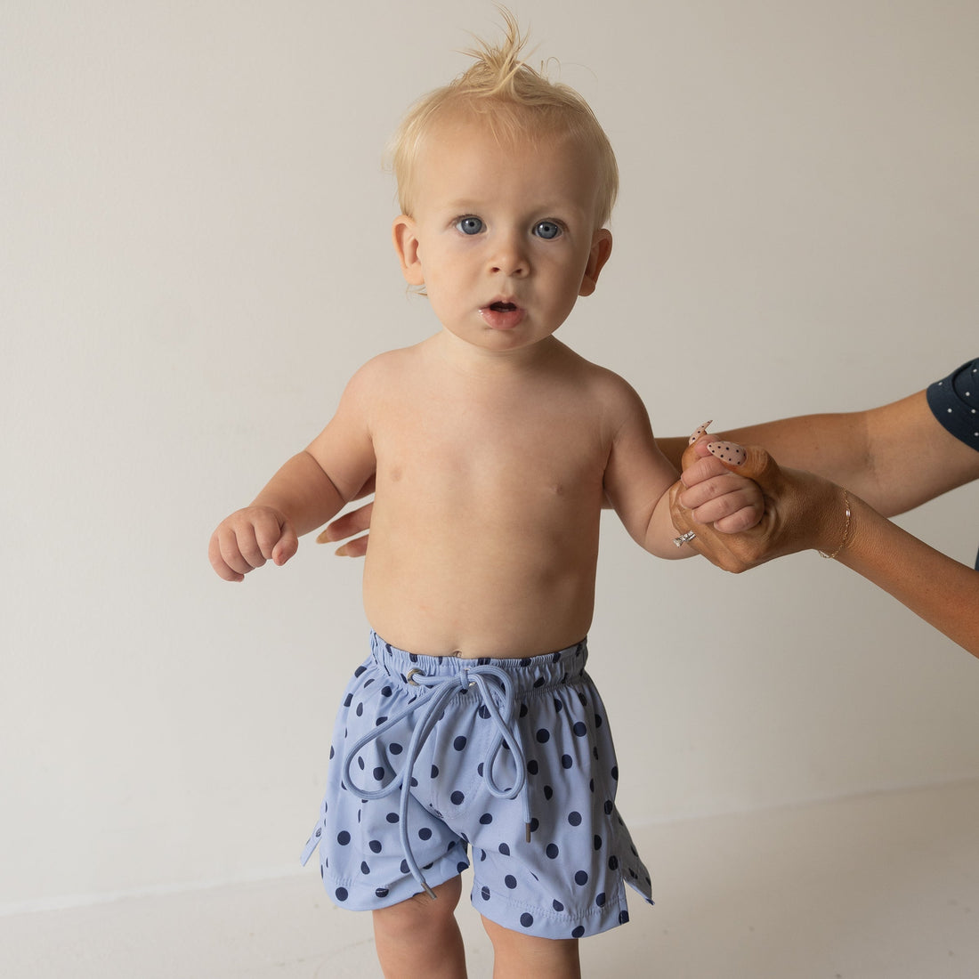 Kids Board Shorts in Sully Blue Polka Dot Print