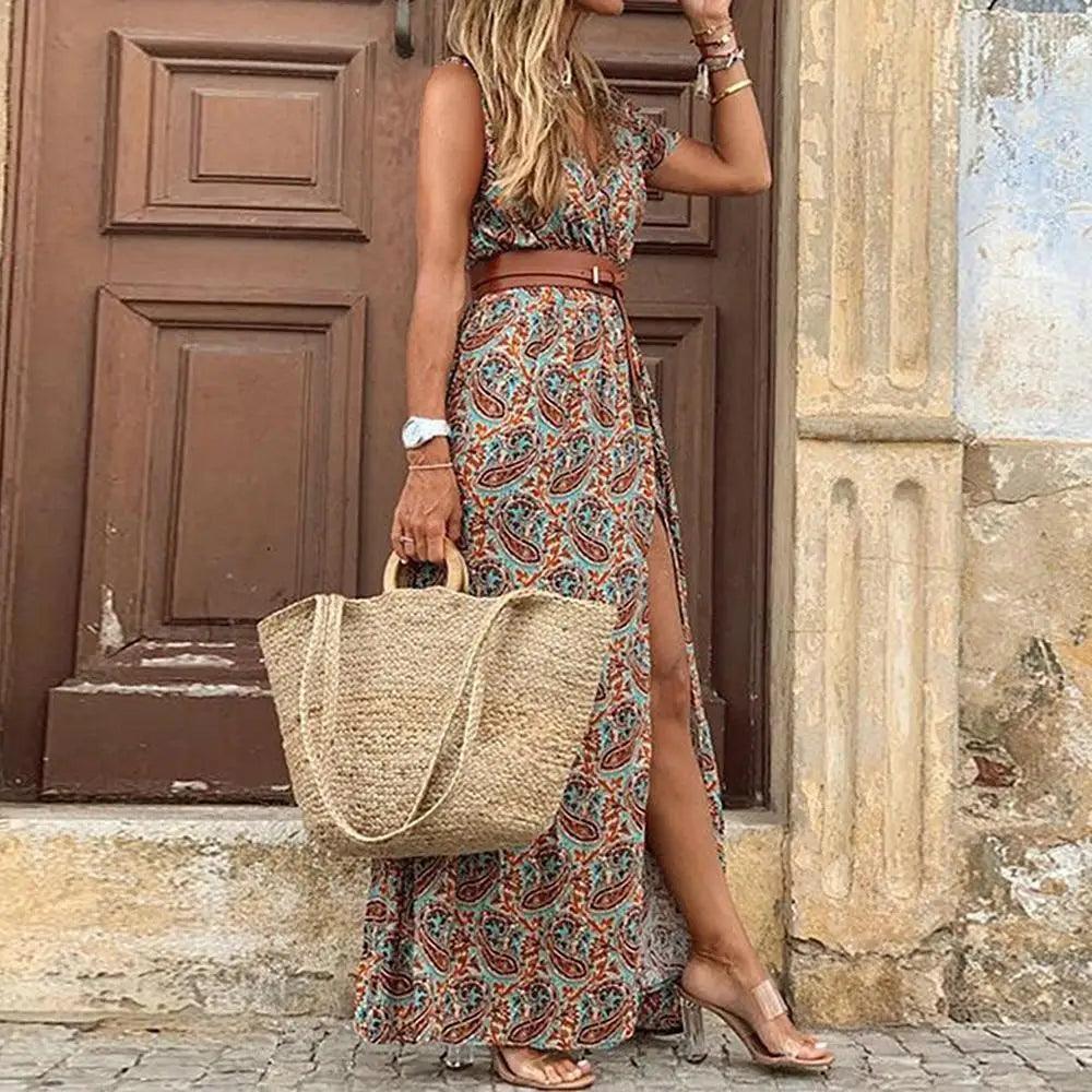 Floral V-Neck Maxi Dress for Summer Beach Days