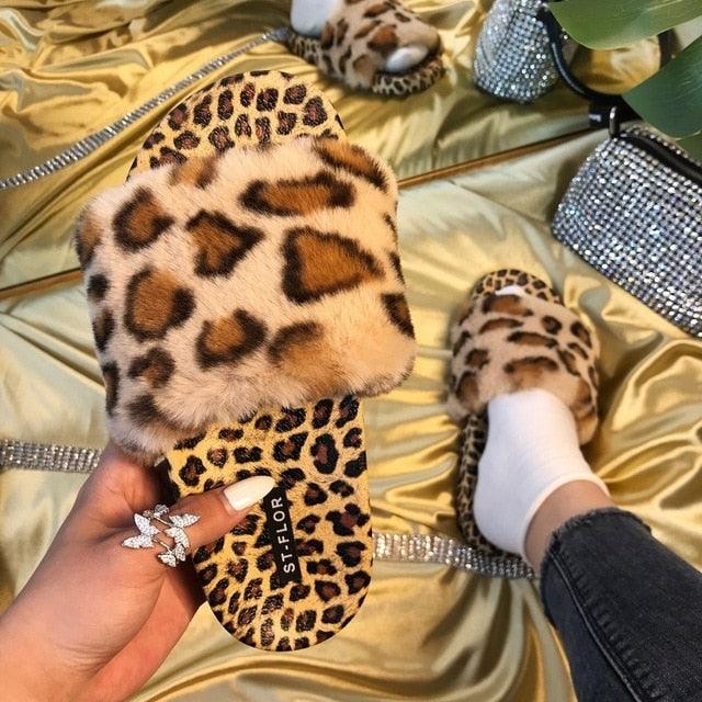 Women's Black White Leopard Print Faux Fur Open Toe Slide Slippers