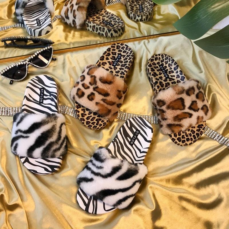 Women's Black White Leopard Print Faux Fur Open Toe Slide Slippers