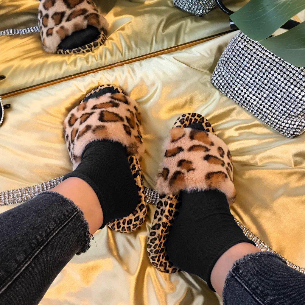Women's Black White Leopard Print Faux Fur Open Toe Slide Slippers