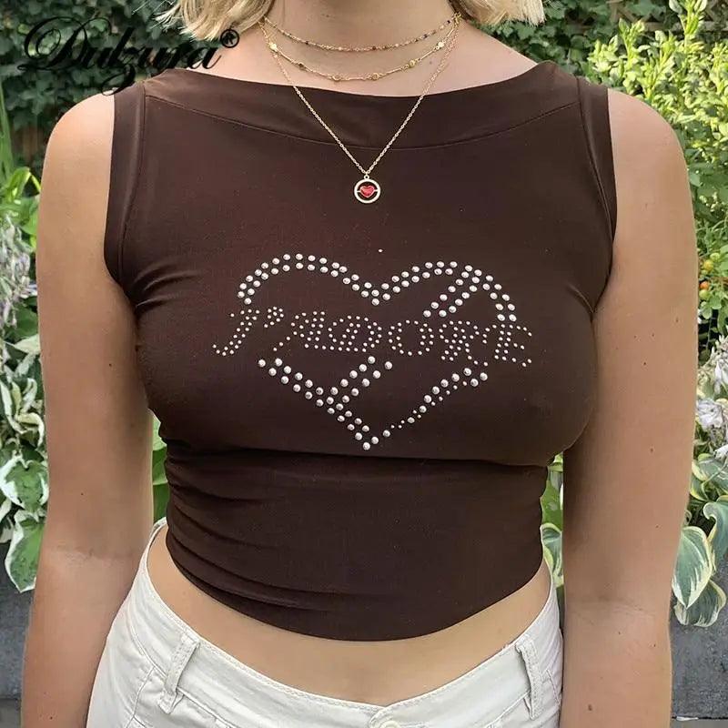 Brown sleeveless crop top featuring a heart-shape rhinestone design and O-neck