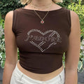 Brown sleeveless crop top featuring a heart-shape rhinestone design and O-neck