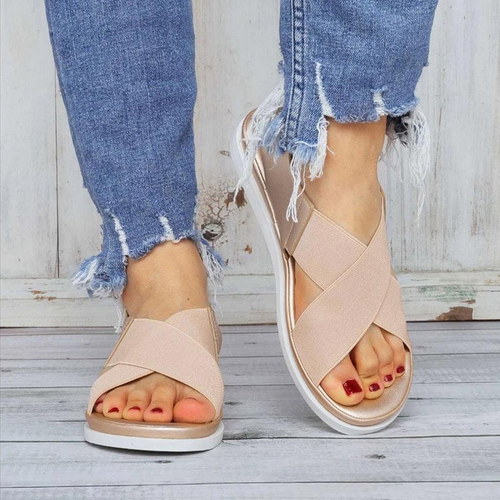 Women's Elastic Slip-On Flat Sandals Lightweight Casual Beach Shoes