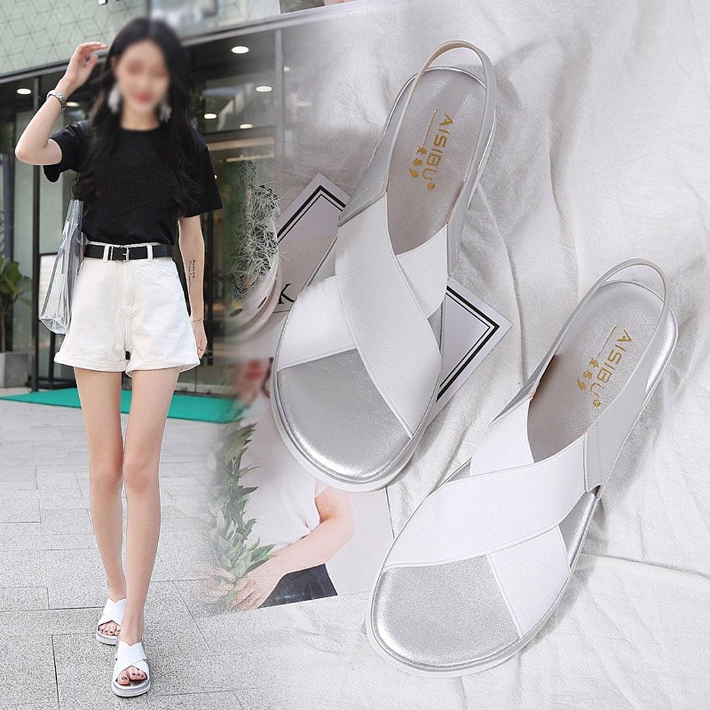 Women's Elastic Slip-On Flat Sandals Lightweight Casual Beach Shoes