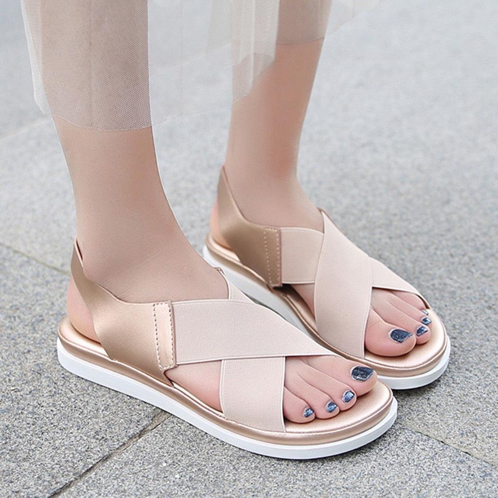 Women's Elastic Slip-On Flat Sandals Lightweight Casual Beach Shoes