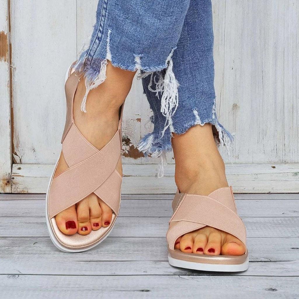 Women's Elastic Slip-On Flat Sandals Lightweight Casual Beach Shoes