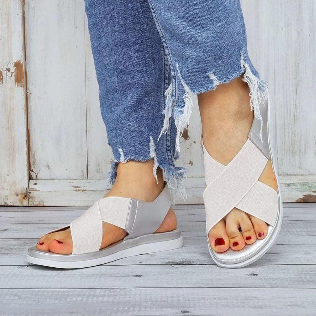 Women's Elastic Slip-On Flat Sandals Lightweight Casual Beach Shoes