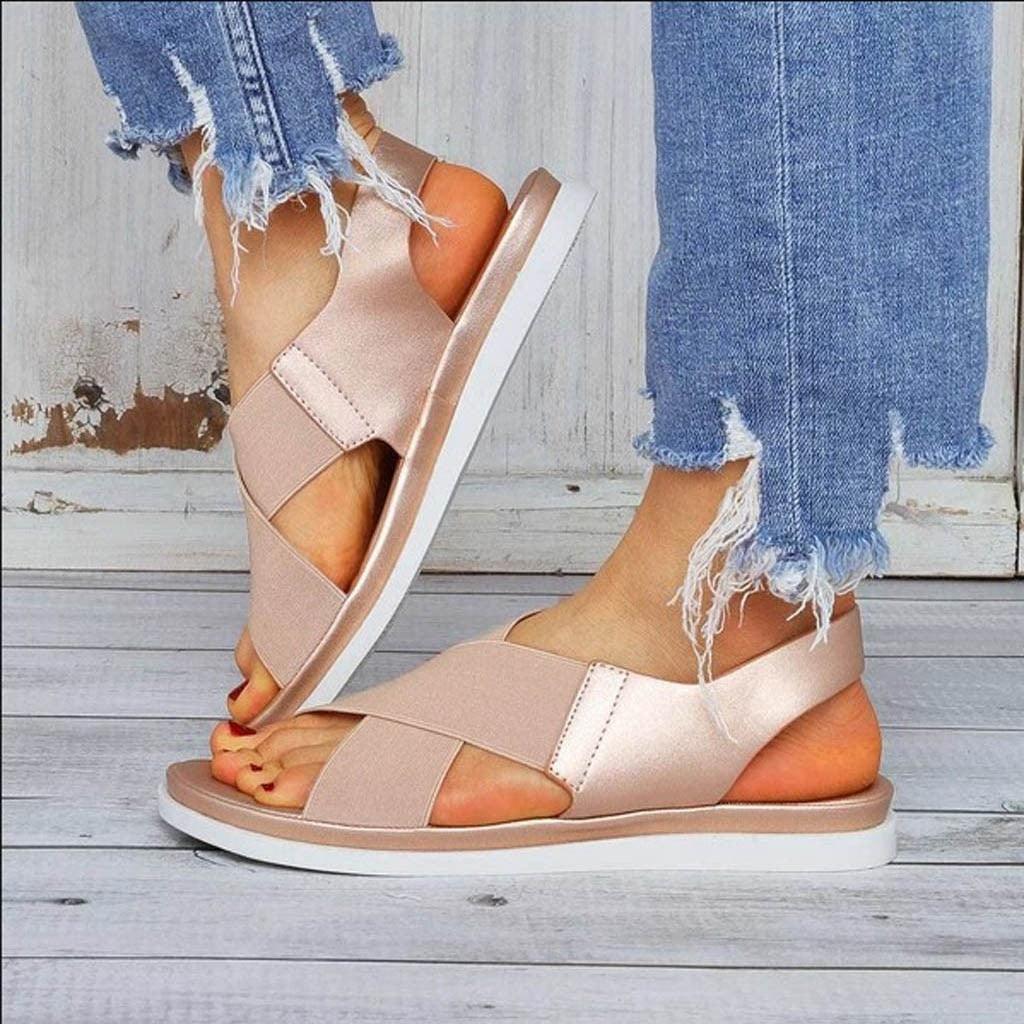 Women's Elastic Slip-On Flat Sandals Lightweight Casual Beach Shoes