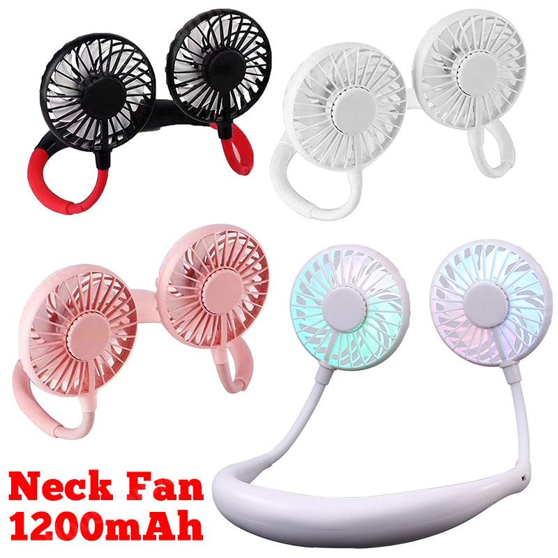Pink hands-free headset-style neck fan for outdoor use
