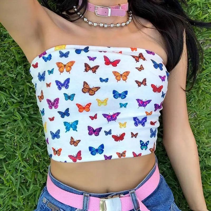 White sleeveless crop top with multicolor butterfly print