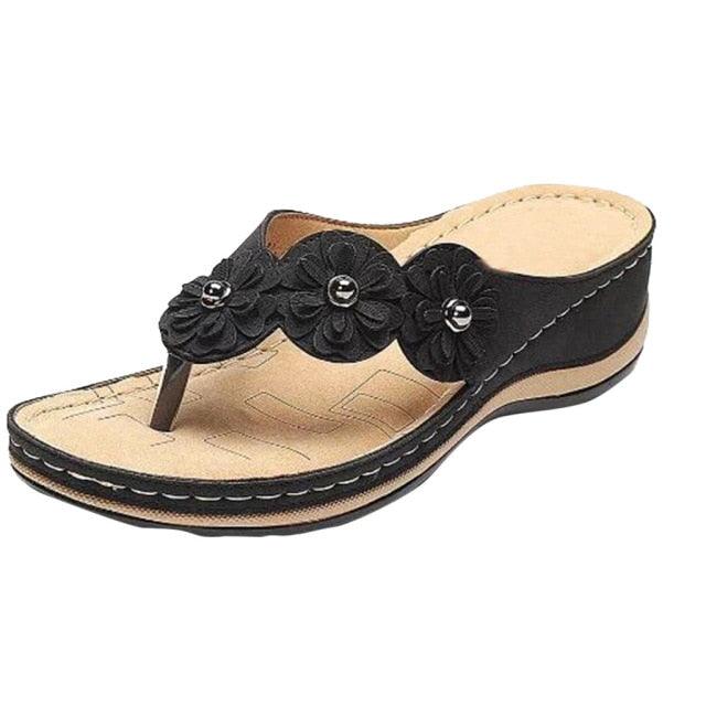 Women's Handmade Retro Floral Flat Sandals Open Toe Strappy Flip-Flops