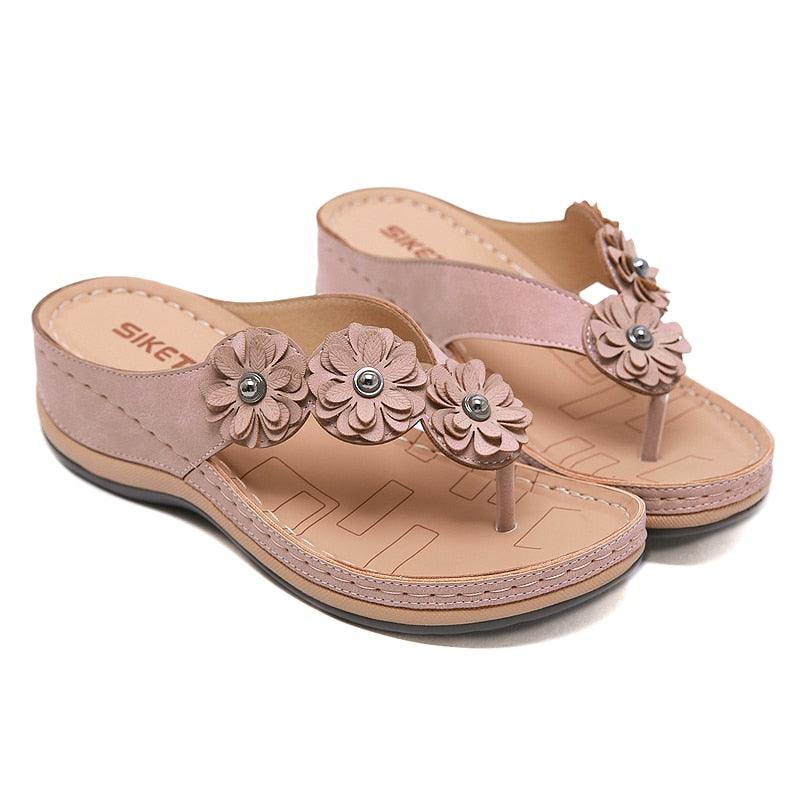 Women's Handmade Retro Floral Flat Sandals Open Toe Strappy Flip-Flops