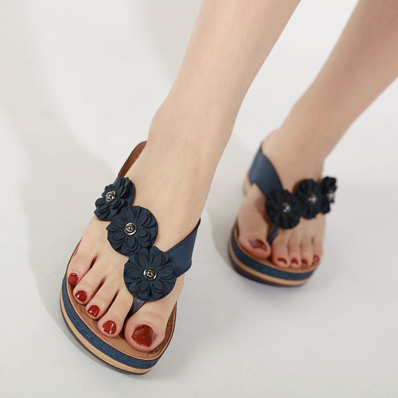 Women's Handmade Retro Floral Flat Sandals Open Toe Strappy Flip-Flops