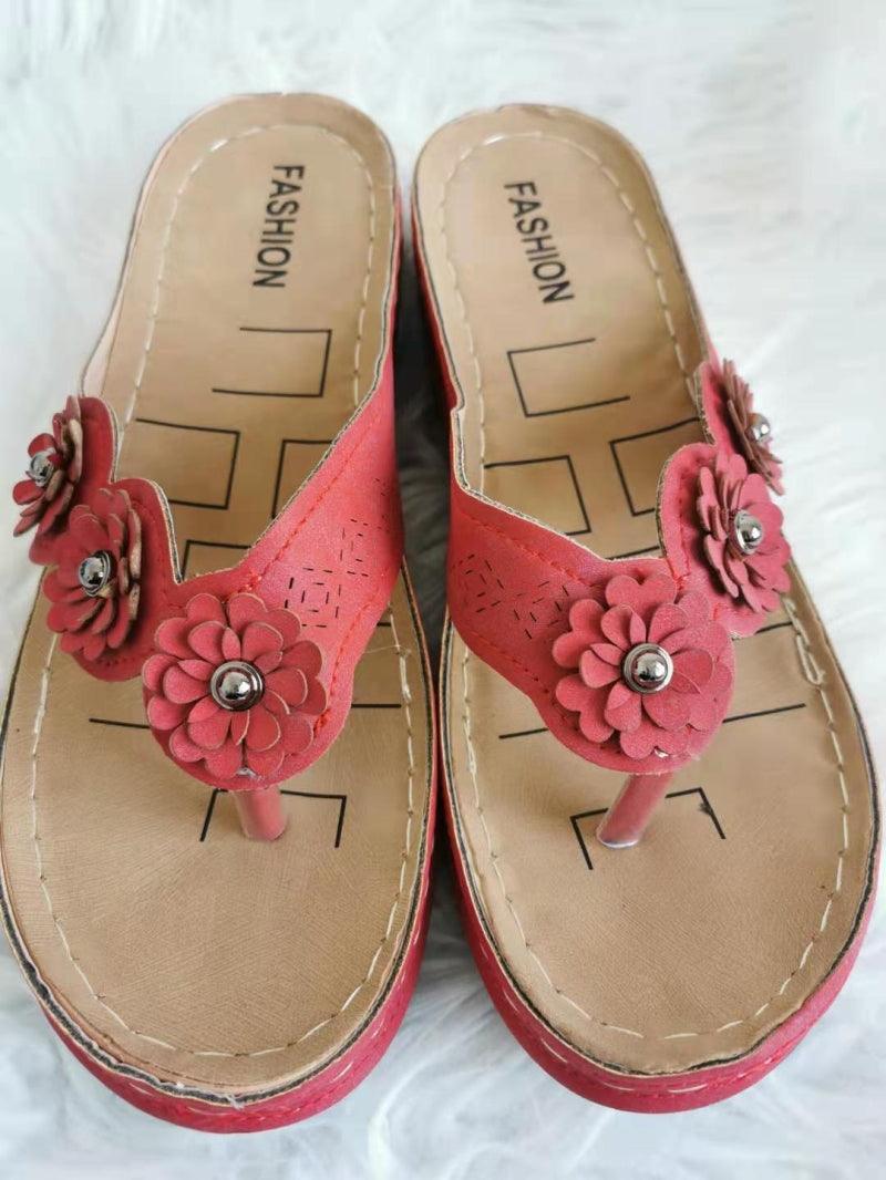 Women's Handmade Retro Floral Flat Sandals Open Toe Strappy Flip-Flops
