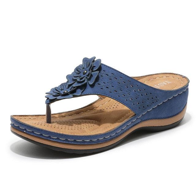 Women's Handmade Retro Floral Flat Sandals Open Toe Strappy Flip-Flops