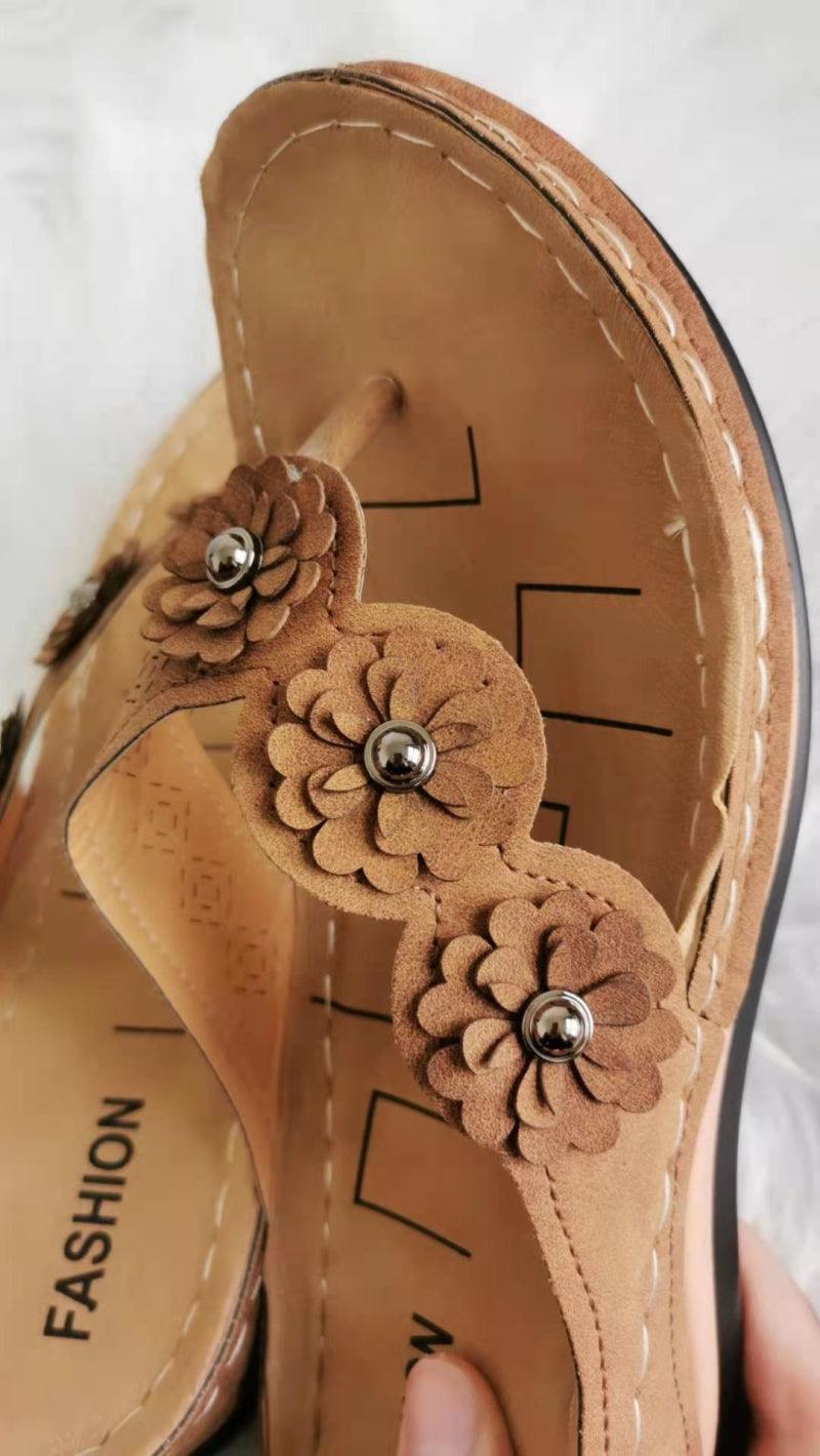 Women's Handmade Retro Floral Flat Sandals Open Toe Strappy Flip-Flops