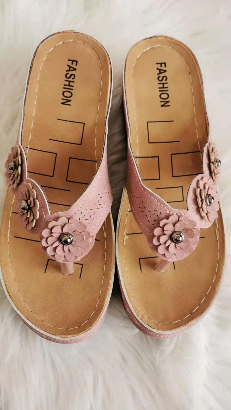 Women's Handmade Retro Floral Flat Sandals Open Toe Strappy Flip-Flops