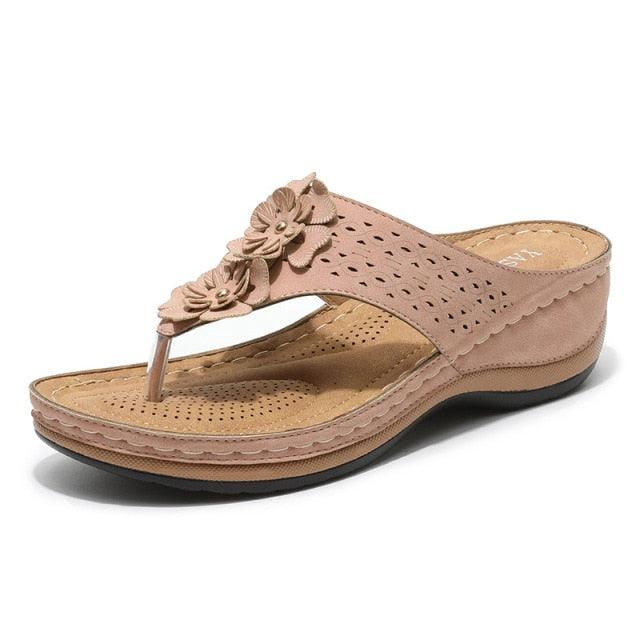 Women's Handmade Retro Floral Flat Sandals Open Toe Strappy Flip-Flops