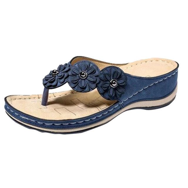 Women's Handmade Retro Floral Flat Sandals Open Toe Strappy Flip-Flops