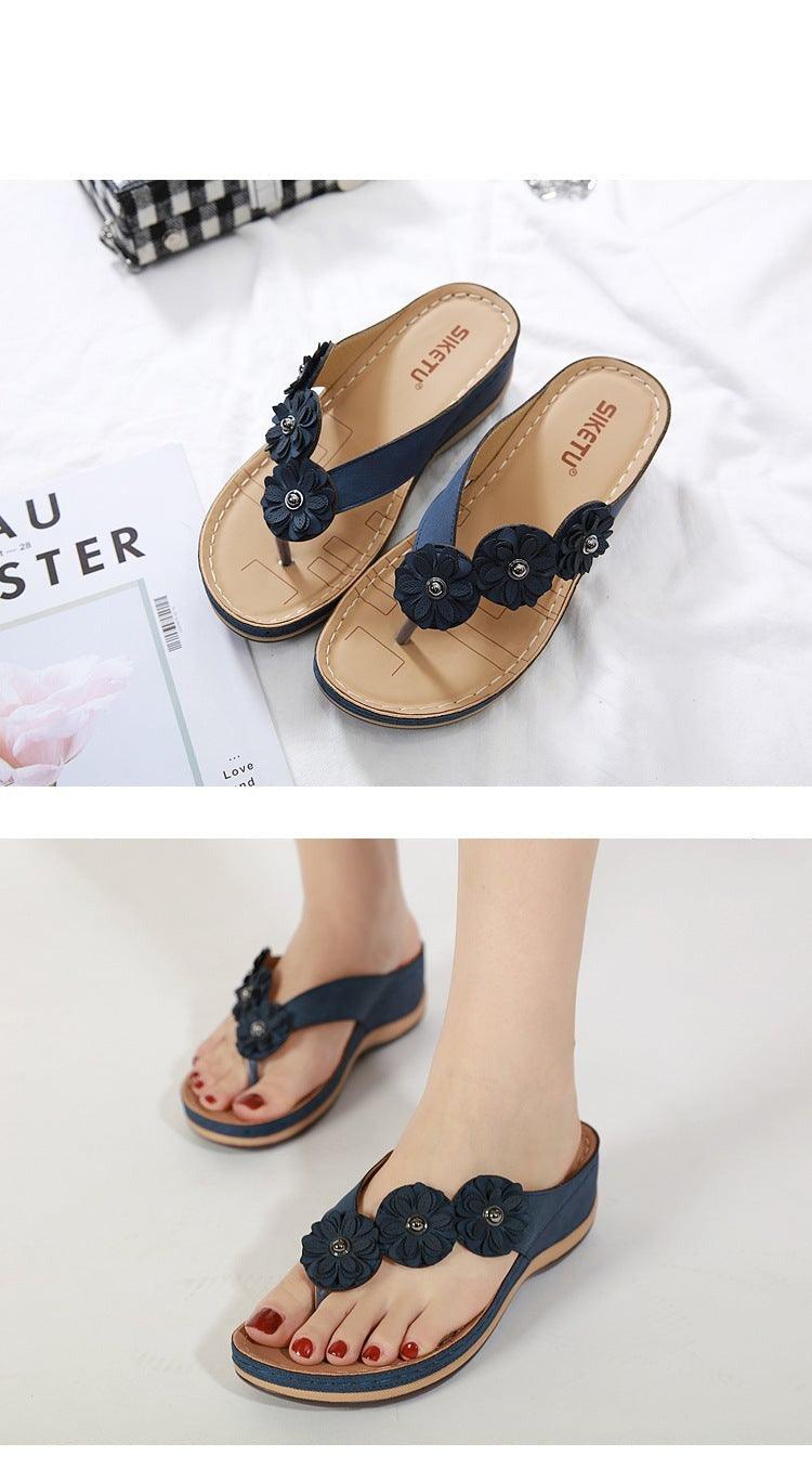 Women's Handmade Retro Floral Flat Sandals Open Toe Strappy Flip-Flops