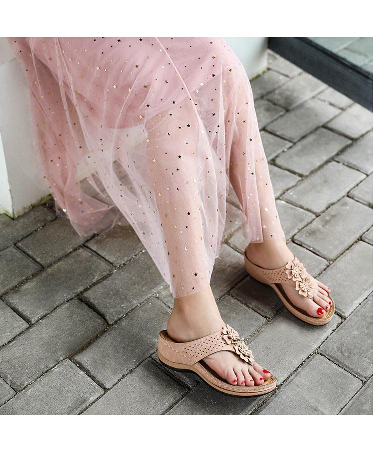 Women's Handmade Retro Floral Flat Sandals Open Toe Strappy Flip-Flops