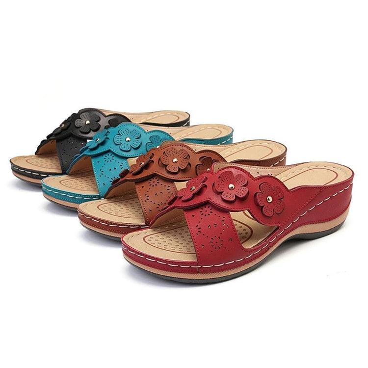 Women's Handmade Retro Floral Flat Sandals Open Toe Strappy Flip-Flops