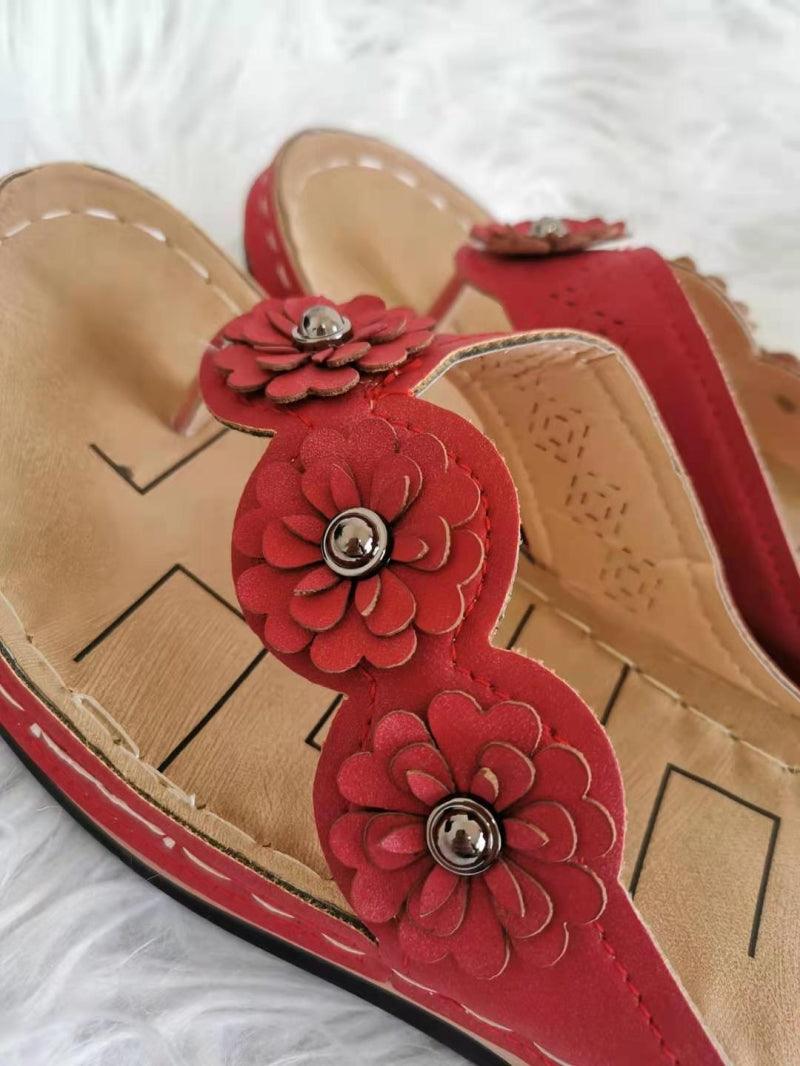 Women's Handmade Retro Floral Flat Sandals Open Toe Strappy Flip-Flops